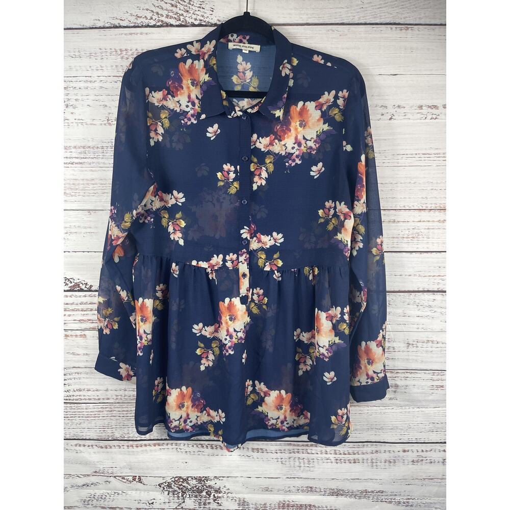 Marie Philippe Heather Tunic Shirt Women's 40 US L Blue Floral Sheer Long Sleeve